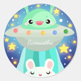 Pegatina Redonda Cute Space Creature And Bunny Rabbit