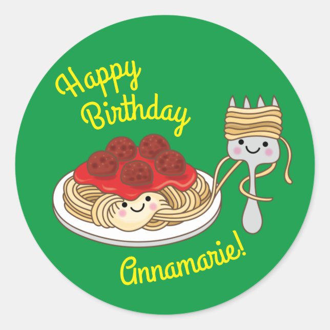 Pegatina Redonda Cute Spaghetti Kids Birday Fiesta Kawaii (Anverso)