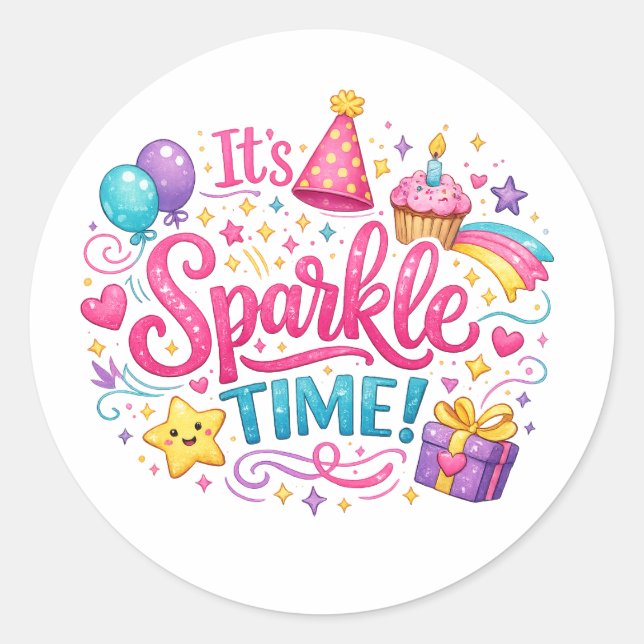 Pegatina Redonda Cute Sparkle Time Girly Aesthetic Sticker Design (Anverso)