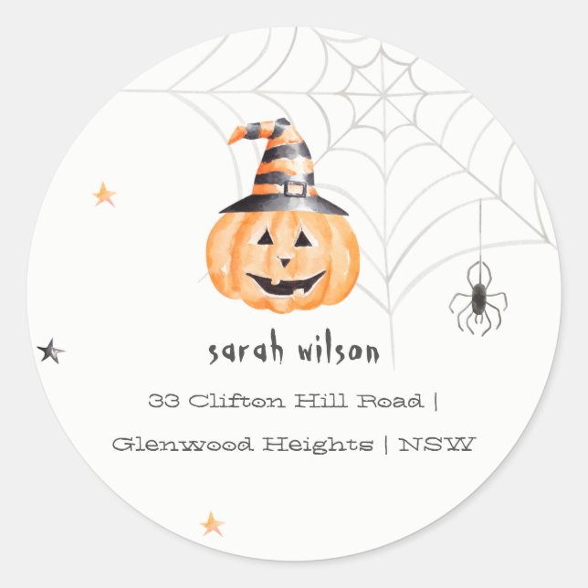 Pegatina Redonda Cute Spooky Halloween Pumpkin Spider Address (Anverso)