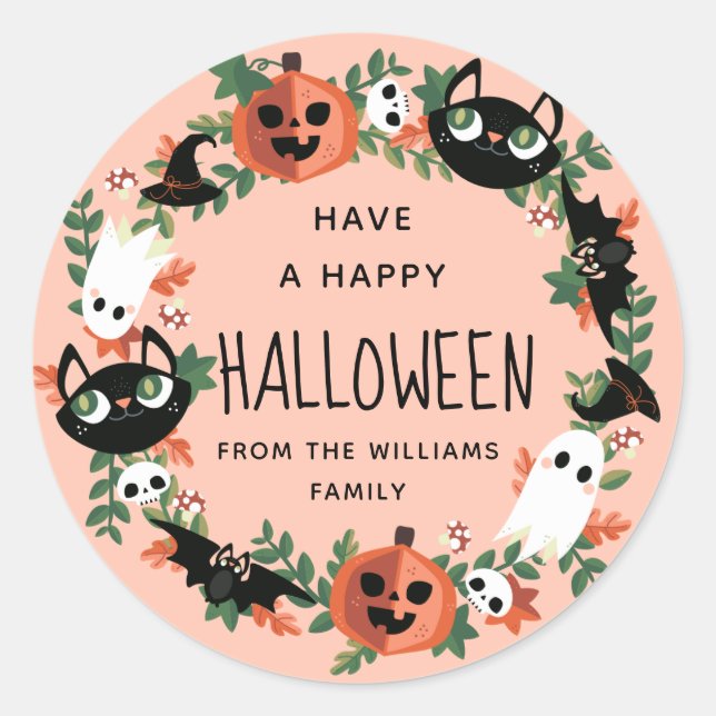 Pegatina Redonda Cute Spooky Happy Halloween Wreath (Anverso)
