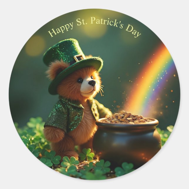 Pegatina Redonda Cute St. Patrick’s Day Teddy Bear (Anverso)