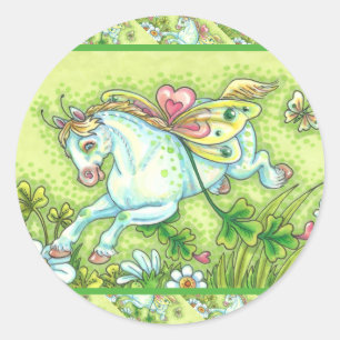 PEGATINA REDONDA CUTE ST. PATRICK'S DAY FLYING IRISH PONY, FAIRY