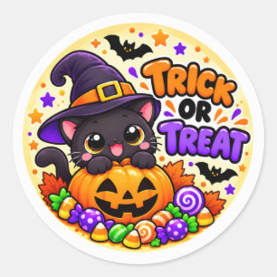 Pegatina Redonda Cute sticker de Halloween de gato negro para truco