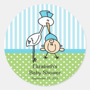 Pegatina Redonda Cute Stork Baby Boy Baby Shower