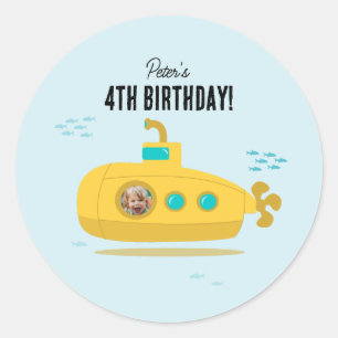 Pegatina Redonda Cute Submarino Cumpleaños Niños Mar Profundo Foto