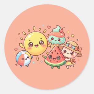 Pegatina Redonda Cute Summer Friends Hoja de Stickers