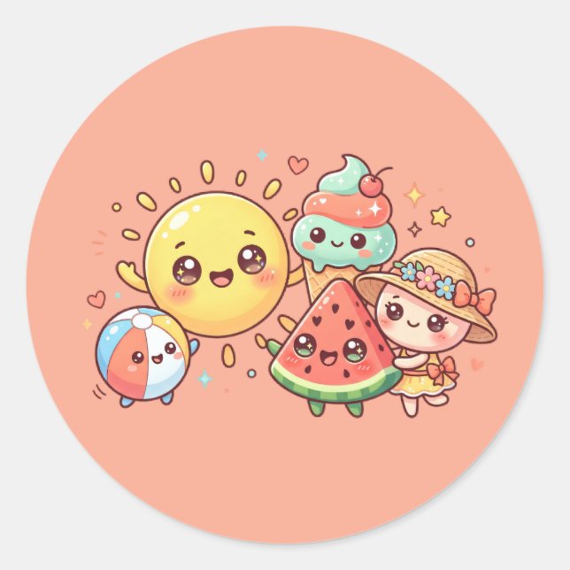 Pegatina Redonda Cute Summer Friends Hoja de Stickers (Anverso)
