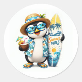 Pegatina Redonda Cute Summer Penguin Sticker de Surfboard