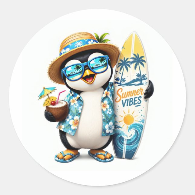 Pegatina Redonda Cute Summer Penguin Sticker de Surfboard (Anverso)