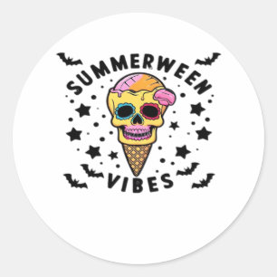 Pegatina Redonda Cute Summerween Vibes Skeleton IceCream Summer Vac
