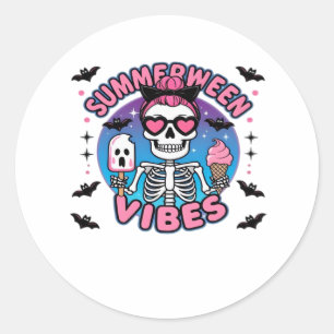 Pegatina Redonda Cute Summerween Vibes Skeleton IceCream Summer Vac