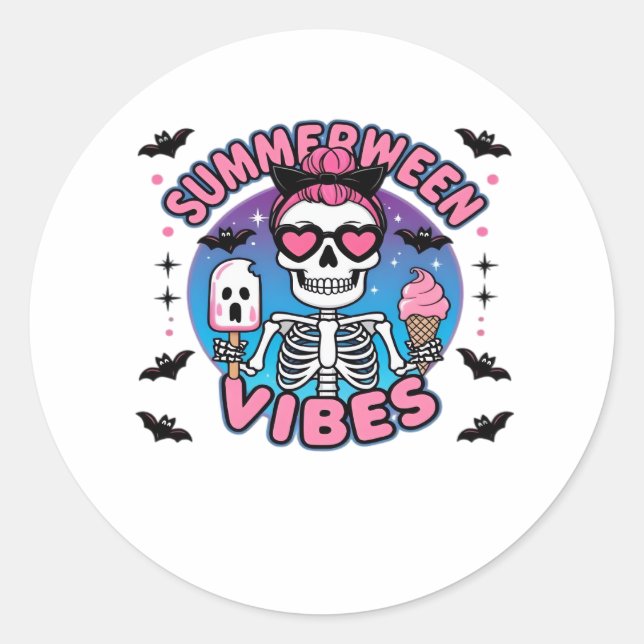 Pegatina Redonda Cute Summerween Vibes Skeleton IceCream Summer Vac (Anverso)