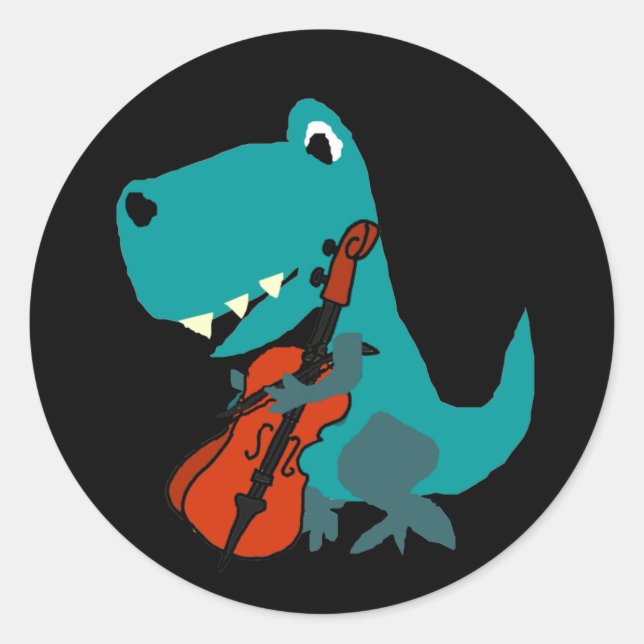 Pegatina Redonda Cute T-rex Dinosaur Playing Cello Music (Anverso)