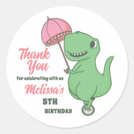 Pegatina Redonda Cute T-Rex Unicycle Dinosaur Kids Birday Fiesta