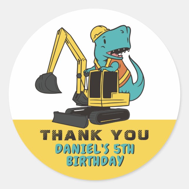 Pegatina Redonda Cute T-Rex Y Excavator Kids Fiesta de cumpleaños (Anverso)