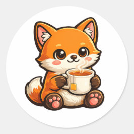 Pegatina Redonda Cute Tea Fox Illustration – Cozy Fox Drinking Tea