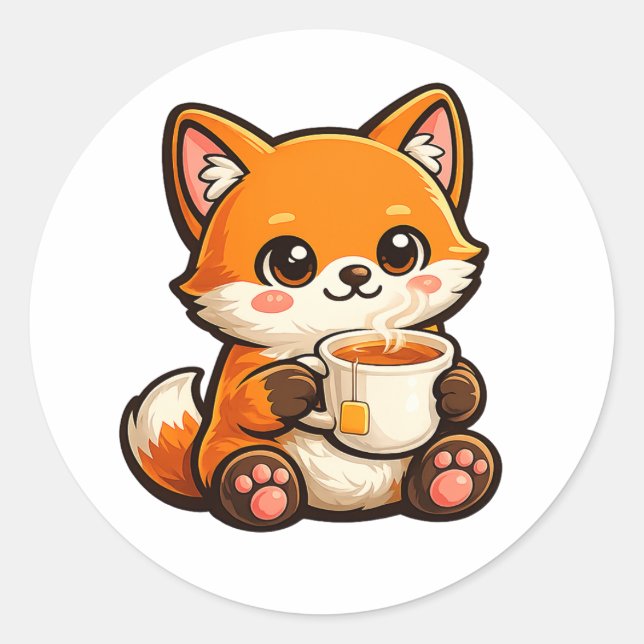 Pegatina Redonda Cute Tea Fox Illustration – Cozy Fox Drinking Tea (Anverso)