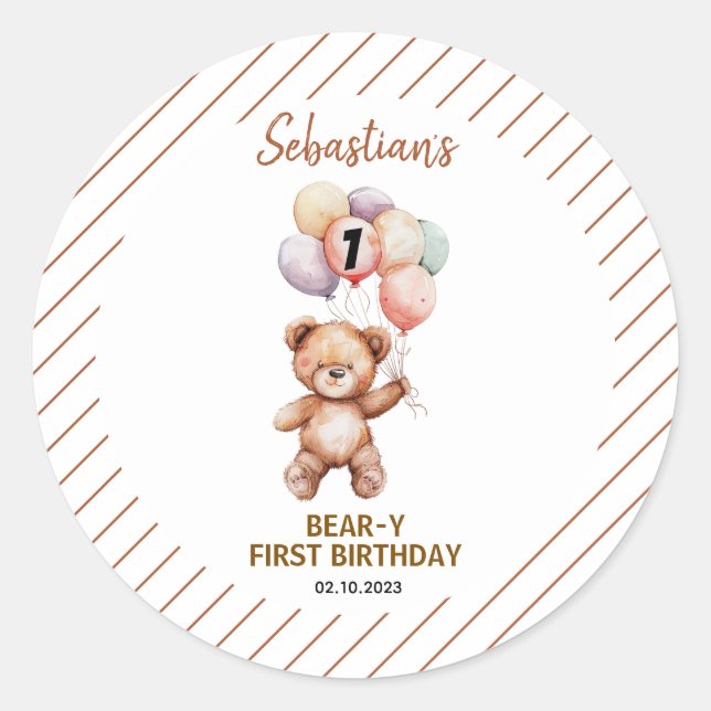 Pegatina Redonda Cute Teddy Bear 1st Birthday | Sweet Bear  (Anverso)
