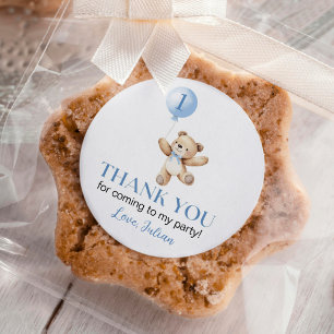 Pegatina Redonda Cute Teddy Bear Blue Balloon Beary First Birday