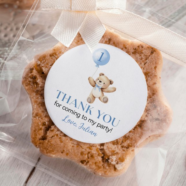 Pegatina Redonda Cute Teddy Bear Blue Balloon Beary First Birday (Subido por el creador)