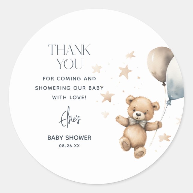Pegatina Redonda Cute Teddy Bear Boy Baby Shower Gracias (Anverso)