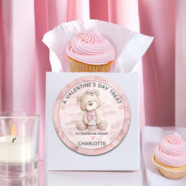 Pegatina Redonda Cute Teddy Bear | Cupcake Sweet Treat Valentines (Cute Teddy Bear and Cupcake "A Valentine's Day Treat for Someone Sweet!" Classic Round Sticker)