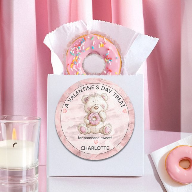 Pegatina Redonda Cute Teddy Bear | Donut Sweet Treat Valentines (Cute Teddy Bear with Donut "A Valentine's Day Treat for Someone Sweet!" Classic Round Sticker)