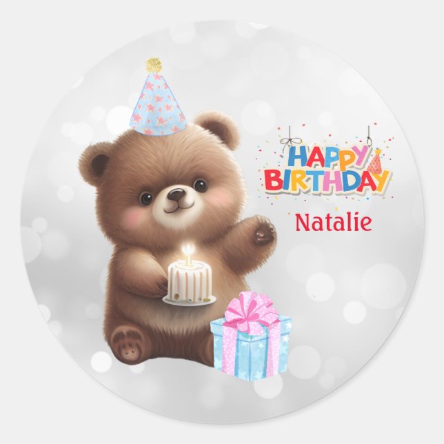 Pegatina Redonda Cute Teddy Bear Feliz Cumpleaños Personalizado (Anverso)