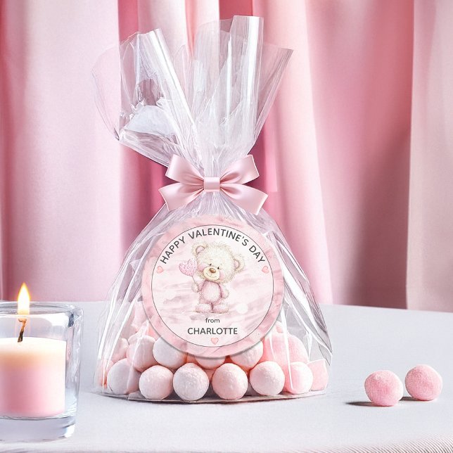 Pegatina Redonda Cute Teddy Bear | Heart Pop Happy Valentines Day (Cute Teddy Bear Holding A Heart-Shaped Pop "Happy Valentine's Day" from Name Classic Round Sticker)