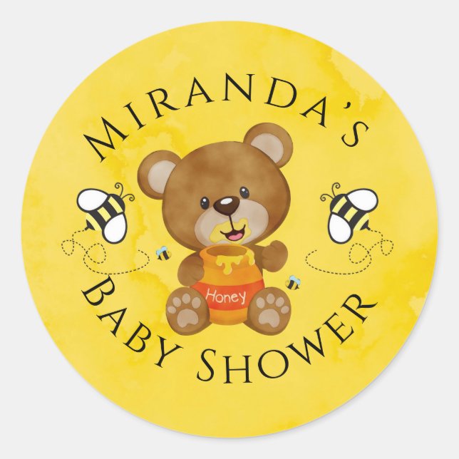 Pegatina Redonda Cute Teddy Bear Honey Bumblebee Baby Shower (Anverso)