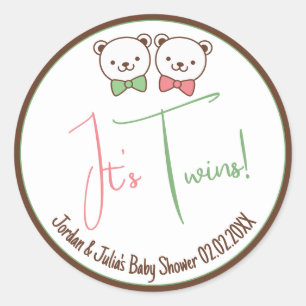 Pegatina Redonda Cute Teddy Bear Nostalgic son gemelos Baby Shower