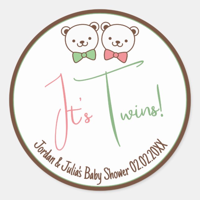Pegatina Redonda Cute Teddy Bear Nostalgic son gemelos Baby Shower (Anverso)