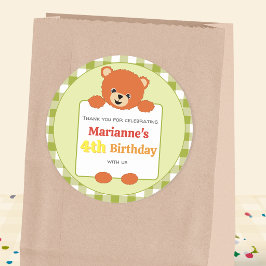 Pegatina Redonda Cute Teddy Bear Picnic Cumpleaños Fiesta Gingham C