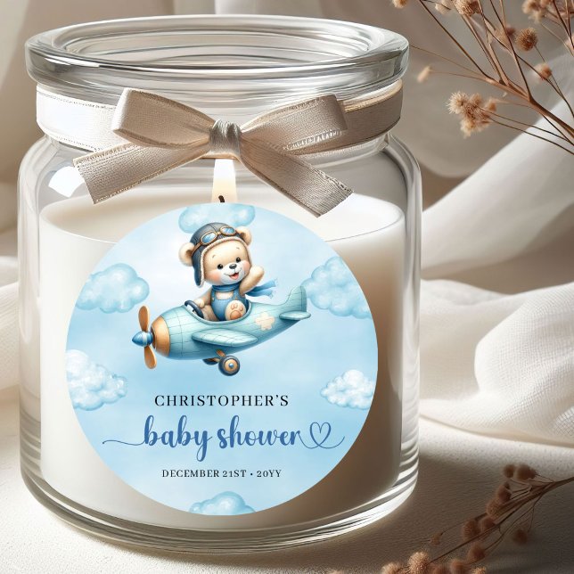 Pegatina Redonda Cute Teddy Bear Pilot Airplane Blue Brown Baby  (Cute Teddy Bear Pilot Airplane Blue Brown Baby Shower Sticker

)