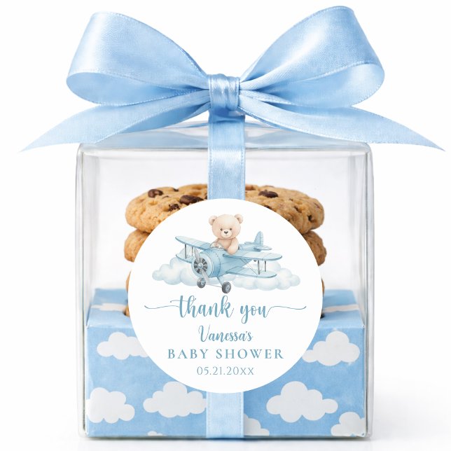 Pegatina Redonda Cute Teddy Bear Pilot Blue Baby Shower Thank You (Subido por el creador)