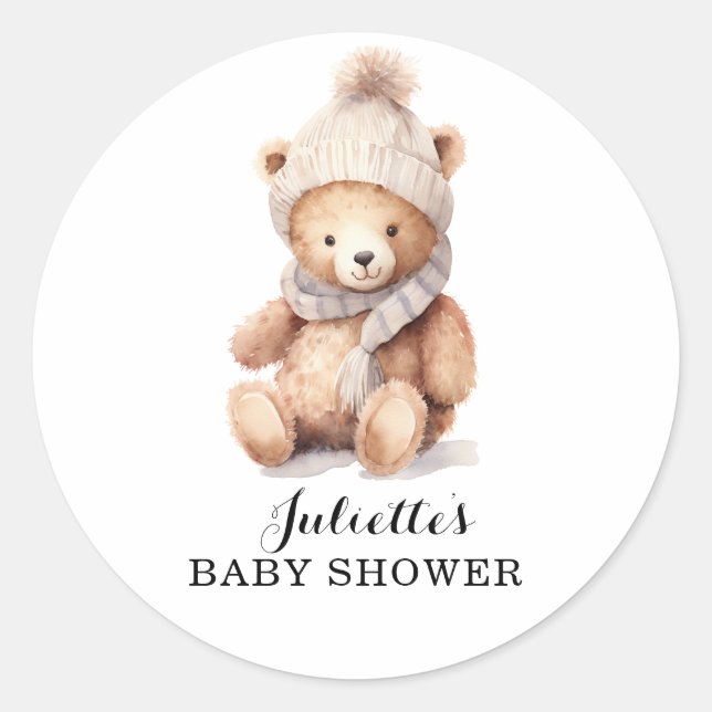 Pegatina Redonda Cute Teddy Bear Winter Baby Shower (Anverso)