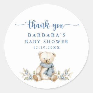 Pegatina Redonda Cute Teddy Bear Winter Baby Shower Gracias
