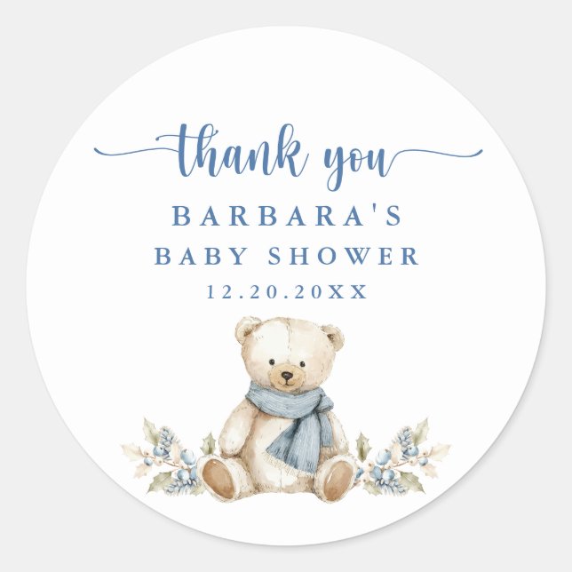 Pegatina Redonda Cute Teddy Bear Winter Baby Shower Gracias (Anverso)
