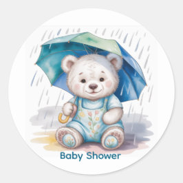 Pegatina Redonda Cute Teddy Bear With Umbrella Boy Baby Shower