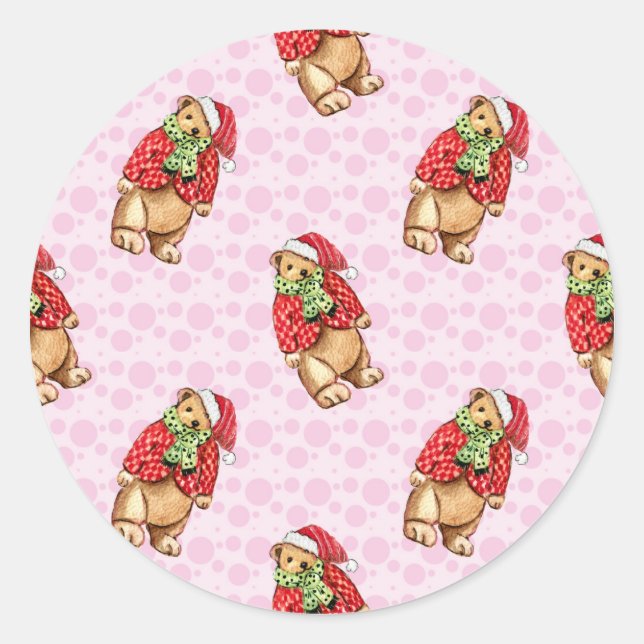 Pegatina Redonda Cute teddy bears in santa hats and red coats – pin (Anverso)