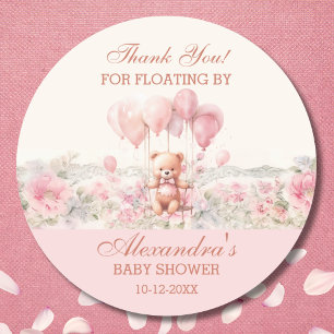 Pegatina Redonda Cute Teddy Chica Rosa Baby Shower Gracias