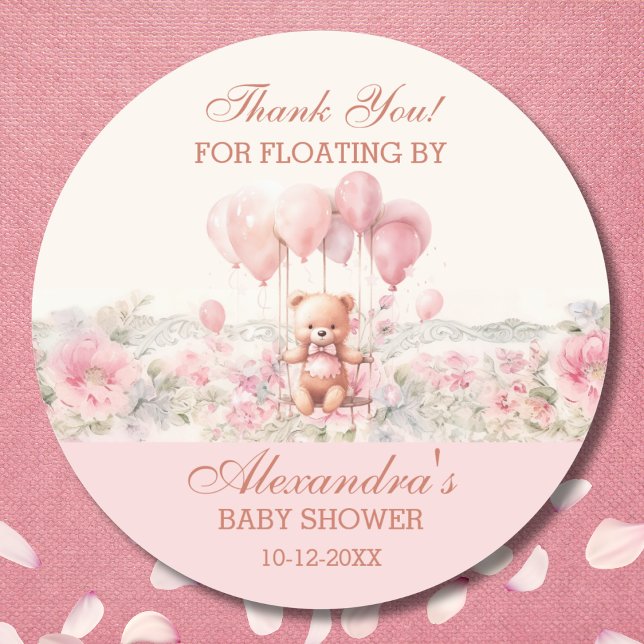 Pegatina Redonda Cute Teddy Chica Rosa Baby Shower Gracias (Subido por el creador)