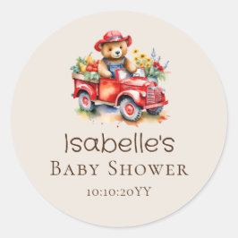 Pegatina Redonda Cute Teddy cosecha Baby Shower Red Pickup