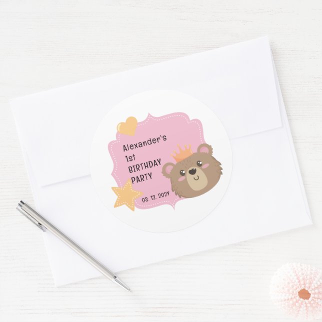 Pegatina Redonda Cute Teddy Kids Personalizado Fiesta de Cumpleaños (Sobre)