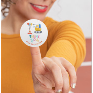 Pegatina Redonda Cute tema de construcción cumpleaños gracias