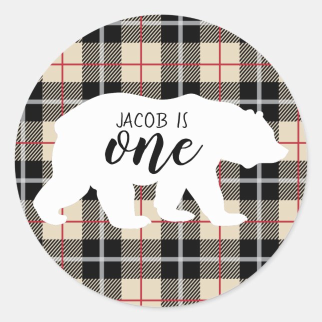 Pegatina Redonda Cute Thompson Camel Plaid Bear Primer Fiesta de cu (Anverso)