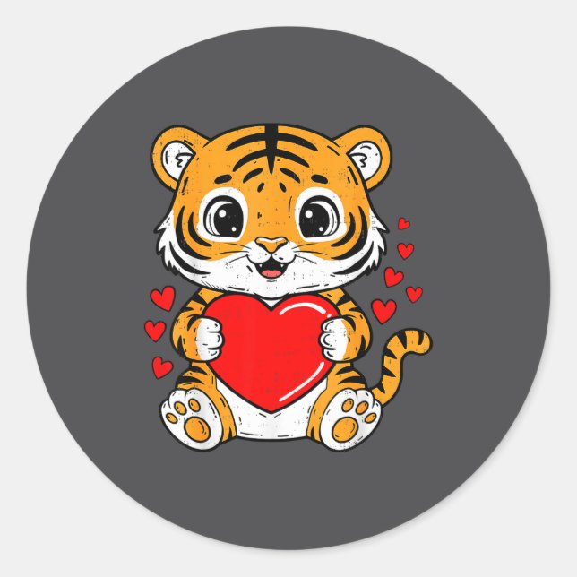Pegatina Redonda Cute Tiger Holding Heart Kawaii Valentines Day Men (Anverso)