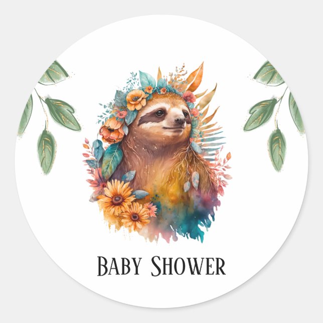 Pegatina Redonda Cute Tropical Sloth Baby Shower (Anverso)