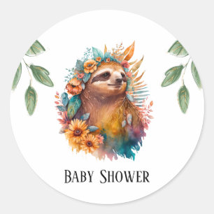 Pegatina Redonda Cute Tropical Sloth Baby Shower